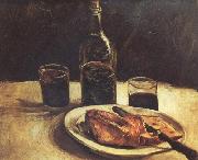 Vincent Van Gogh Still life with a Bottle,Two Glasses Cheese and Bread (nn04) oil painting on canvas